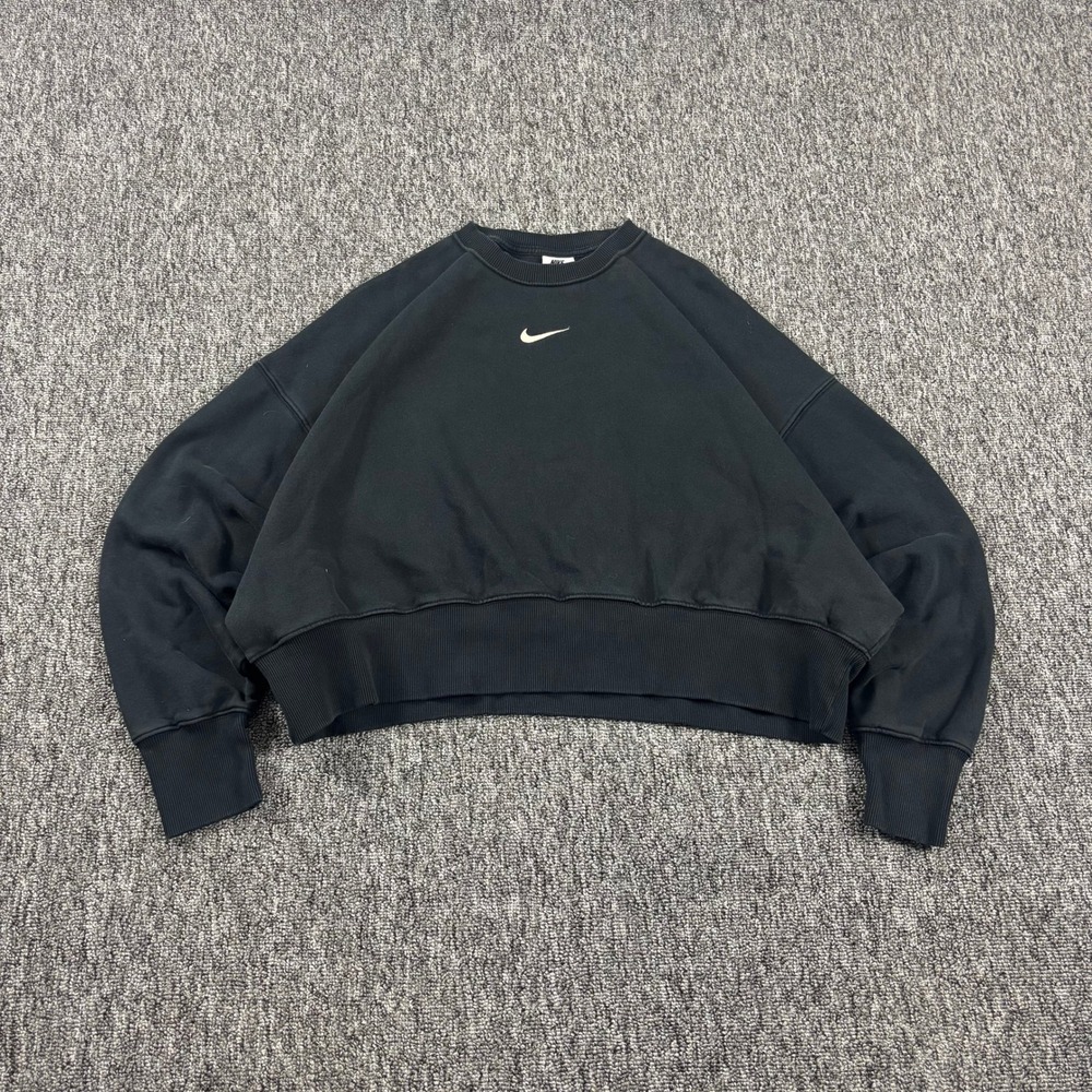 Baggy Nike Center Swoosh Cropped Heavyweight Crewneck Sweatshirt Black Small